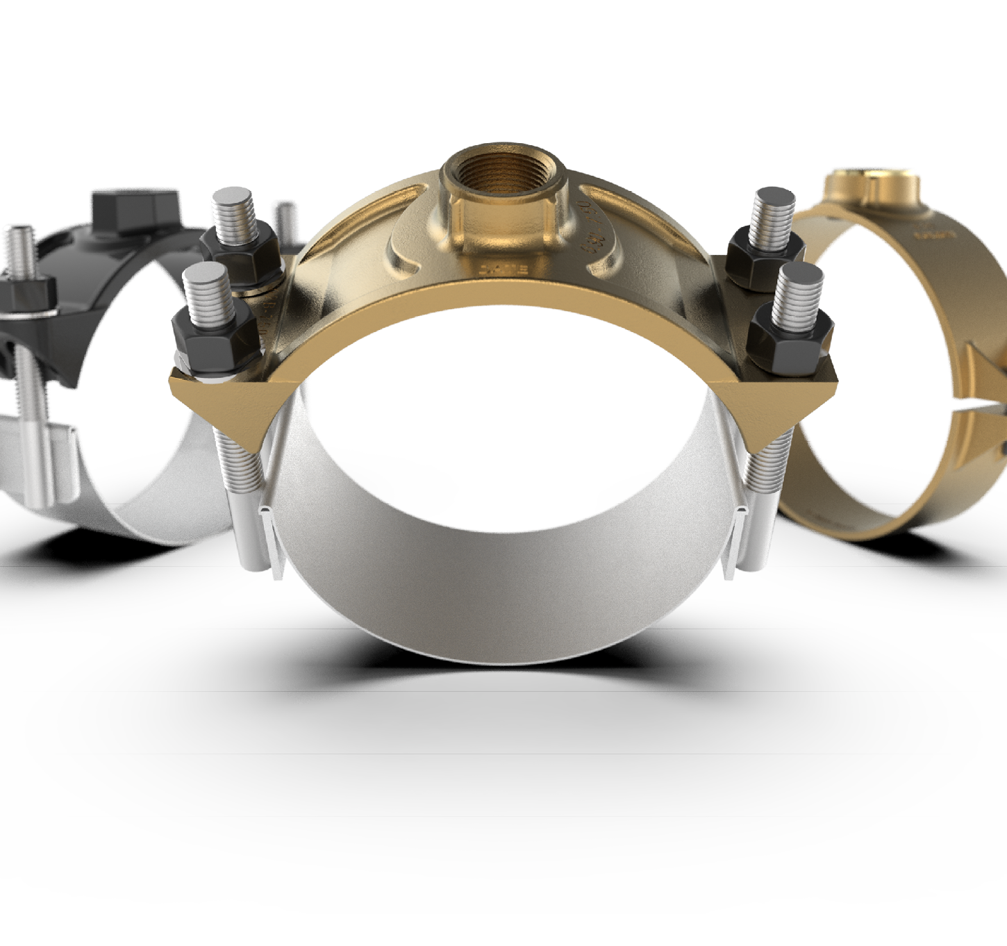 Three metal pipe clamps in black, brass, and gold colors are arranged on a white background with shadows beneath them. Description generated by AI