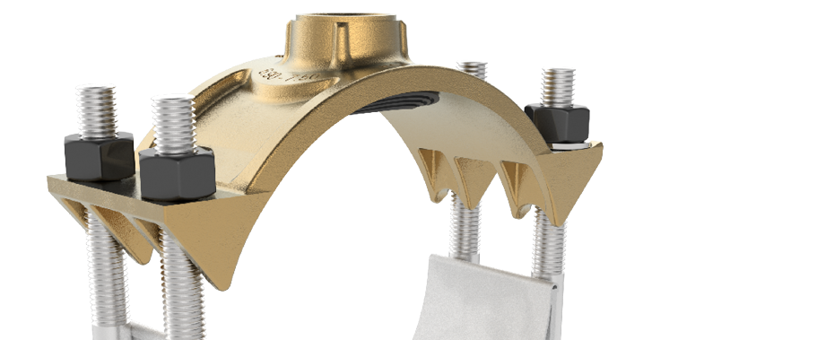 A close-up of a metal pipe clamp with bolts and nuts securing a curved bracket around a pipe. Description generated by AI