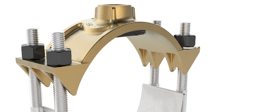 A close-up of a metal pipe clamp with bolts and nuts securing a curved bracket around a pipe. Description generated by AI