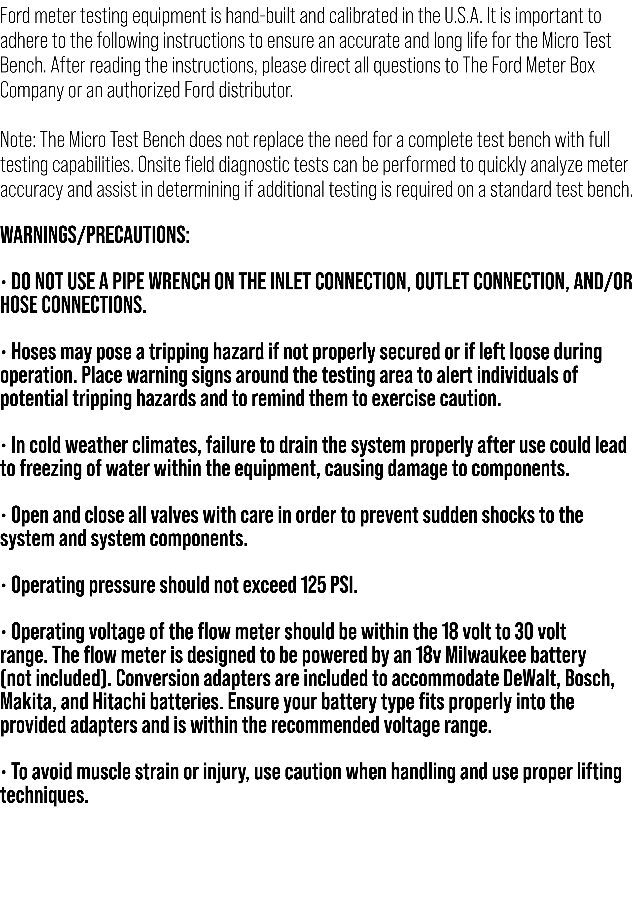 Ford meter testing equipment is hand built and calibrated in the U.S.A. It is important to adhere to the following in...
