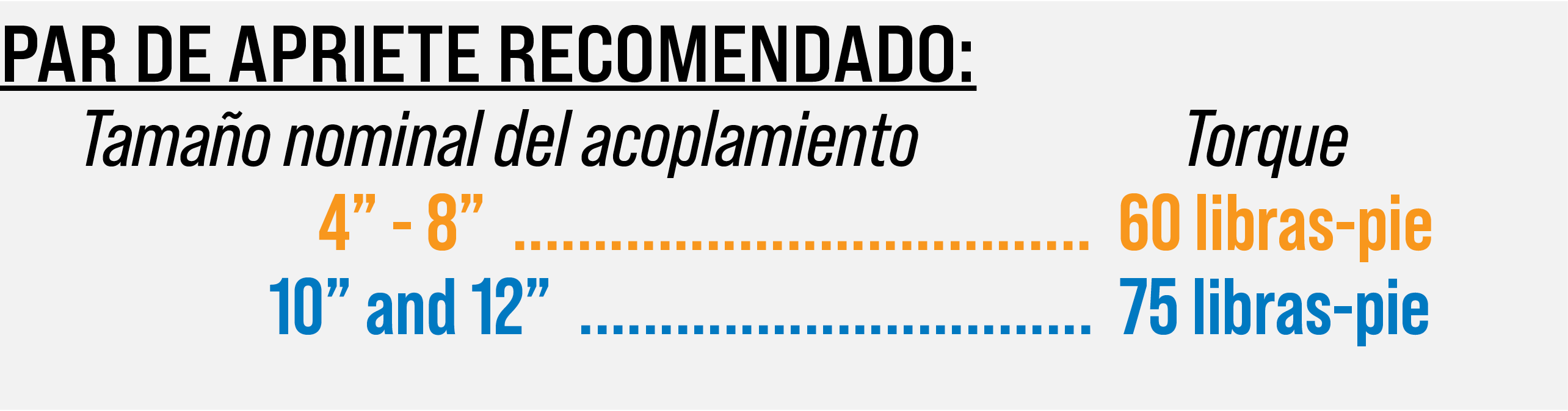 PAR DE APRIETE RECOMENDADO: Tama o nominal del acoplamiento Torque 4” 8” .................................... 60 libr...